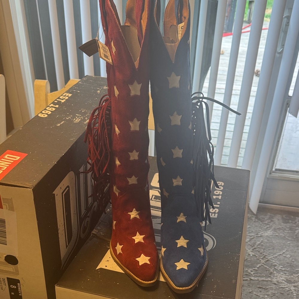 Dingo Super Star Red and Blue Fringe Cowboy Boots - Picture 2 of 6